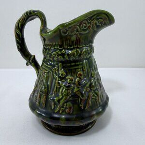 Vintage Pitcher Vase English Countryside Colonial Embossed Raised Textured Green